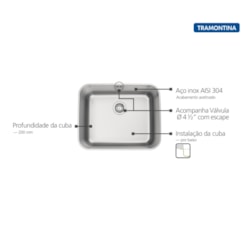 Cuba De Embutir Dora Aço Inox Acetinado Com Válvula e Escape Tramontina 50x40cm