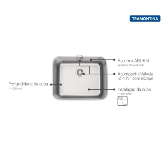 Cuba De Embutir Dora Aço Inox Escovado Com Válvula e Escape Tramontina 50x40cm - Imagem principal - a4a221d4-717b-425f-9a2c-4f1a105c5699