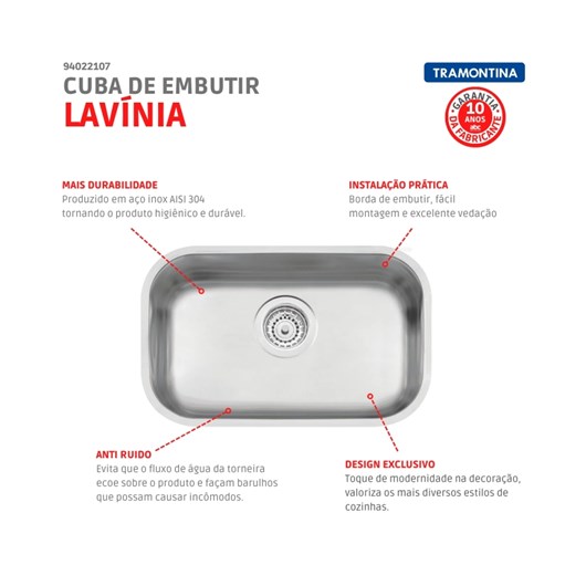 Cuba de embutir Lavinia 47 BL em aço inox acetinado 47x30cm Tramontina - Imagem principal - 5e70a9ba-d950-4fbb-9eed-f455cbfc1c47