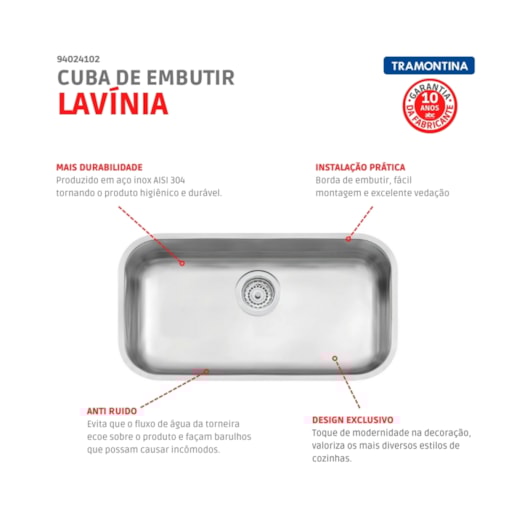 Cuba De Embutir Lavínia Com Válvula Em Aço Inox Escovado Tramontina 56x34cm - Imagem principal - 6fc7548f-7949-418c-a082-25c3ac99e290