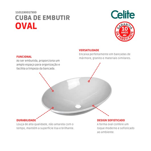 Cuba De Embutir Oval 39x30cm Branco Celite - Imagem principal - 081c02f1-7b78-4bc4-8820-2b4ebc2b03aa