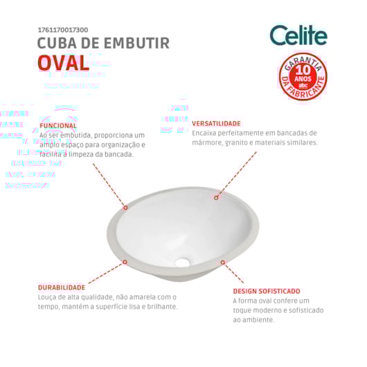 Cuba De Embutir Oval 49,5x33cm Branco Celite - Imagem principal - 210e9a32-59cb-4793-b0d0-6cf42351d210