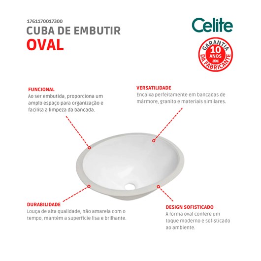 Cuba De Embutir Oval 49x32cm Branco Celite - Imagem principal - e3edc4bc-accf-4367-a56b-6cbe775c3bab