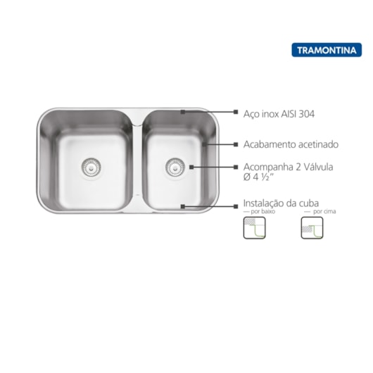 Cuba de Embutir/Sobrepor Com 2 Cubas Isis 2C 34-28 BS em Aço Inox Acetinado Tramontina 69x40Cm - Imagem principal - 8f4a2439-0880-4048-abdc-88d967291245