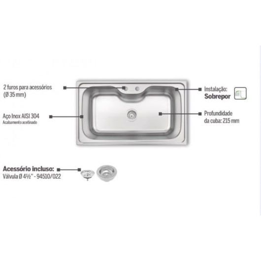 Cuba De Inox Morgana Max 86x50cm 4.1/2' Com Válvula 93801/122 Acetinada Tramontina - Imagem principal - 989449f6-33af-4e52-a195-88a2c2719dff