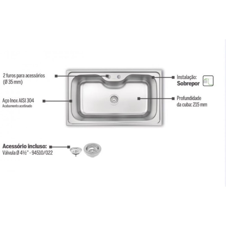 Cuba De Inox Morgana Max 86x50cm 4.1/2' Com Válvula 93801/122 Acetinada Tramontina