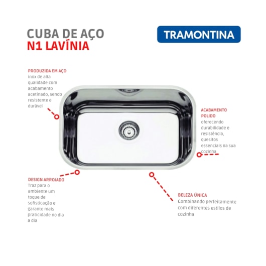 Cuba De Inox N1 Lavínia Com Válvula Polida Tramontina 47x30x14cm - Imagem principal - 45beaf44-dd40-43c1-b798-0286efa088d3