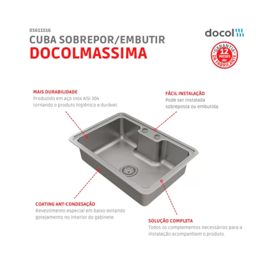 Cuba De Sobrepor E Embutir DocolMassima Em Aço Inox Docol 64x44cm - Imagem principal - dac91b13-7887-4bdc-b2d2-a31b5c3ece9b