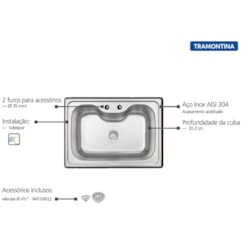 Cuba de Sobrepor Morgana 60 FX em Aço Inox com Acabamento Acetinado 69 x 49 cm com Válvula Tramontina