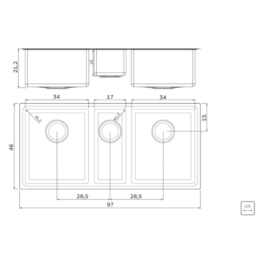 Cuba Design Collection Quadrum 2.5 C 34 em Aço Inox Com Acabamento Scotch Brite Tramontina 97x46x20,5cm - Imagem principal - 1e2f24a2-e93c-461c-a85d-05f9e1f6a171