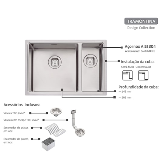 Cuba Design Collection Quadrum em Aço Inox com Acabamento Scotch Brite 66x46 com 2 Cubas e escorredor de pratos e escorredor de talheres - Imagem principal - 413bdbd2-c2c9-4527-ba09-778733eb600b