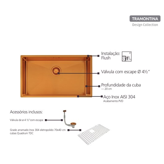 Cuba Design Collection Quadrum em Aço Inox com Revestimento PVD Gold 70x40 cm Tramontina - Imagem principal - 40aac608-29a0-4686-b5b2-0d6d59cb229d