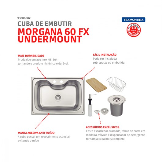 Cuba Embutir Morgana 60 FX Undermount 68,5x48,5x20,3 em Aço Inox com Acessórios  - Imagem principal - 1e741750-63fb-44aa-a06b-e593ec1c9ccd