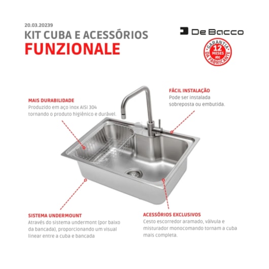 Cuba Funzionale Com Acessórios + Misturador Monocomando Debacco 66x45cm - Imagem principal - 4ad3d1a2-22b7-49eb-acb3-1c7340be0b07