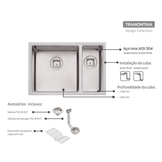 Cuba Inox Design Collection Quadrum Scotch Brite C/ Acessórios 66X46Cm Tramontina - Imagem principal - c83f3ca6-5a0a-4878-a40a-dc9a54cfa063