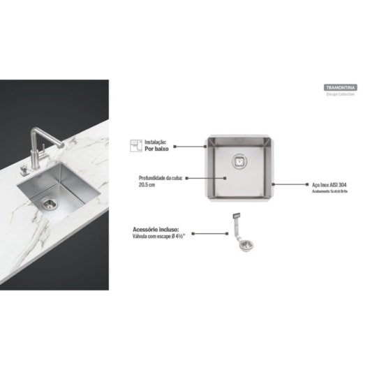 Cuba Inox Quadrum Undermount Tramontina 40x40x20,5cm - Imagem principal - a237cacd-ecc8-4631-a639-e422844900a7