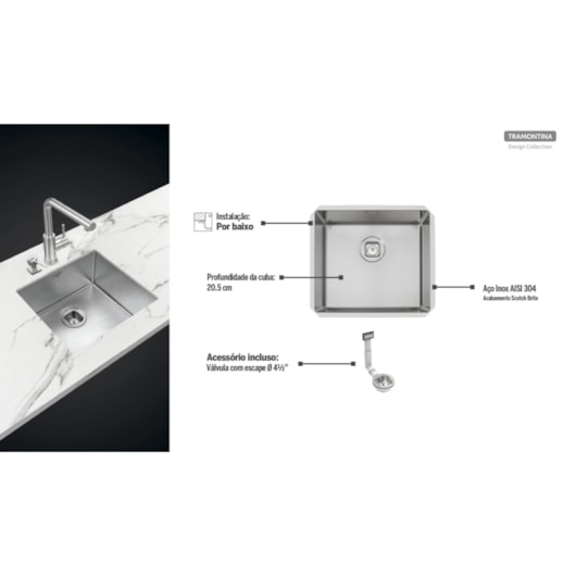 Cuba Inox Quadrum Undermount Tramontina 45x40x20,5cm - Imagem principal - a129b9dc-c167-4196-a5c1-033465baf0b3