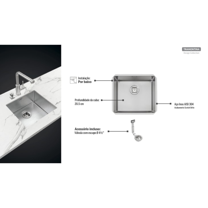 Cuba Inox Quadrum Undermount Tramontina 45x40x20,5cm