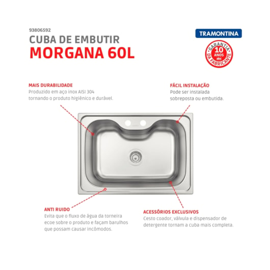 Cuba Morgana 60 FX Undermount Acetinado com Acessórios Tramontina - Imagem principal - 5f30d5c3-74a9-4dc1-b5c5-98fc9c2562d2