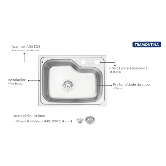 Cuba Morgana Compact 48 FX Undermount em Aço Inox Tramontina - Imagem principal - ec28070c-fedc-4252-96cf-d7d671d14f48