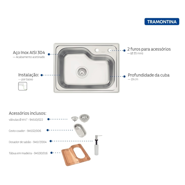 Cuba Morgana Compact 48 FX Undermount em Aço Inox + válvula, tábua de madeira, cesto coador e dosador de sabão Tramontina