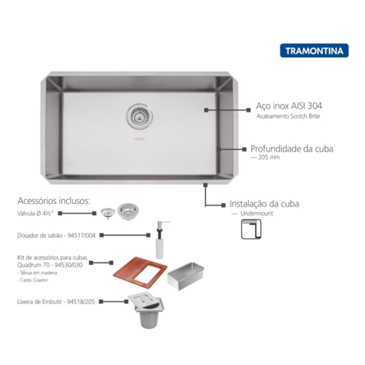 Cuba Quadrada De Embutir Design Collection Quadrum Undermount Em Aço Inox Com Dosador De Sabão, Tábua, Cesto E Lixeira Tramontina 70x40cm - Imagem principal - 7b483ab1-19ad-4db9-b2d3-bf84b859ed15