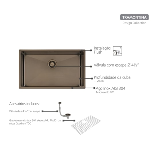 Cuba Quadrum Aço Inox Pvd Black Tramontina 70x40 cm - Imagem principal - 84e966df-d8da-4748-b45d-8d89948811e3