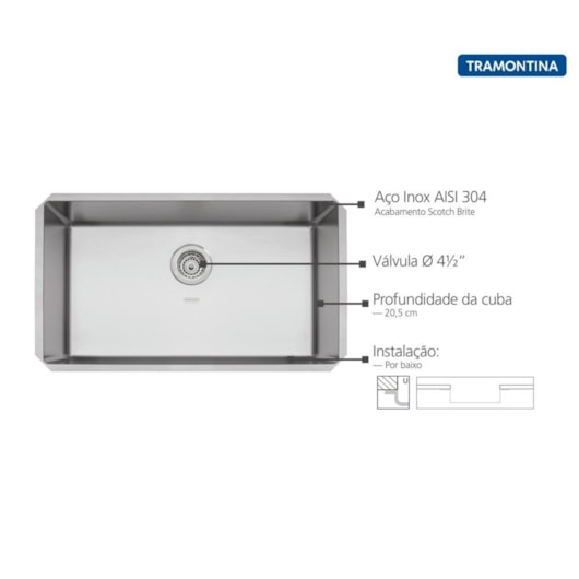 Cuba Quadrum Undermount Inox Com Válvula Escovado Tramontina 70x40cm - Imagem principal - 40ac8db3-8533-4b7c-b8e8-16f18b626f9f