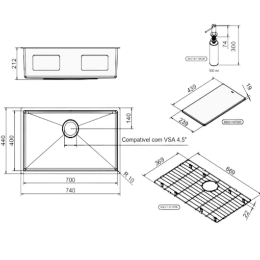 Cuba Simples Em Aço Inox Escovado Com Acessórios Bistro Docol 70x40x20cm - Imagem principal - 18331667-a158-4e33-87f4-6c4a39a69f93