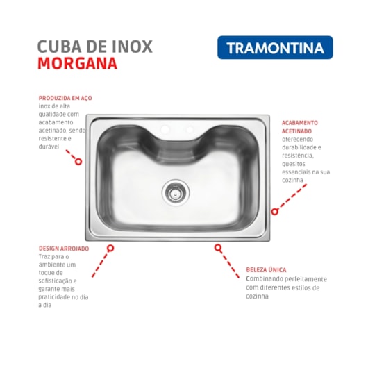 Cuba Undermount Morgana 60 FX Escovado Tramontina 40L 69x49cm - Imagem principal - 7995f252-d947-4564-b0a5-3d2d3420ab0a