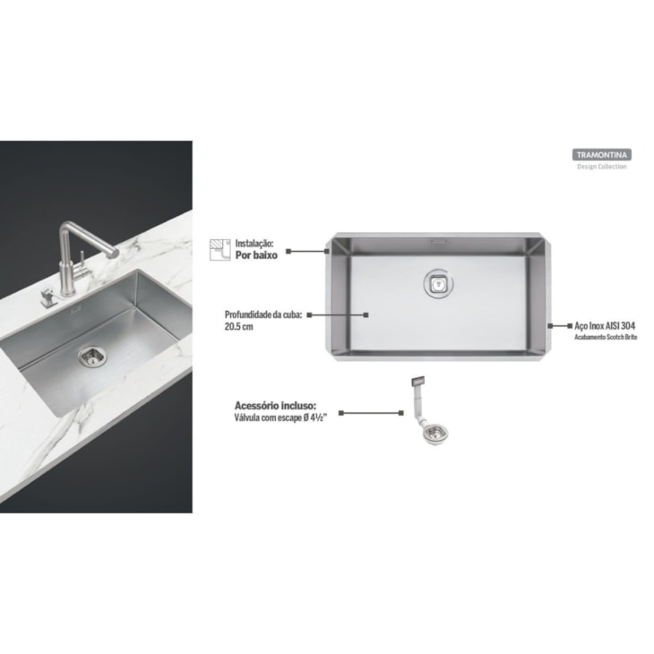 Cuba Undermount Quadrum 70x40 Com Válvula Inox Tramontina