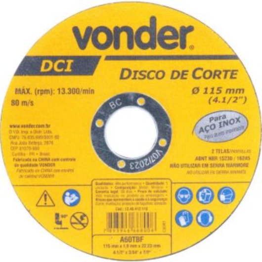 Disco De Corte Dci Inox Vonder 11,5x0,1x2,22cm - Imagem principal - 9a32868e-8e18-4211-94b0-9b693af90931