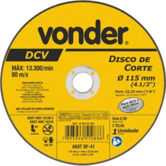 Disco De Corte Dvc Vonder 115x1x22,23mm - Imagem principal - b5ddae33-7e80-4c1e-af5e-27a75dc4d2cc