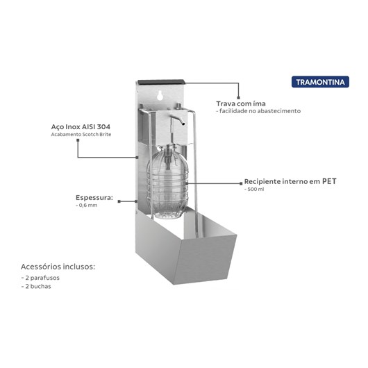 Dispenser de Álcool Gel e Sabão Líquido 500ml em Aço Inox com Acabamento Escovado Tramontina - Imagem principal - 6ed32679-9791-4a64-91d5-a11f4492b0d1