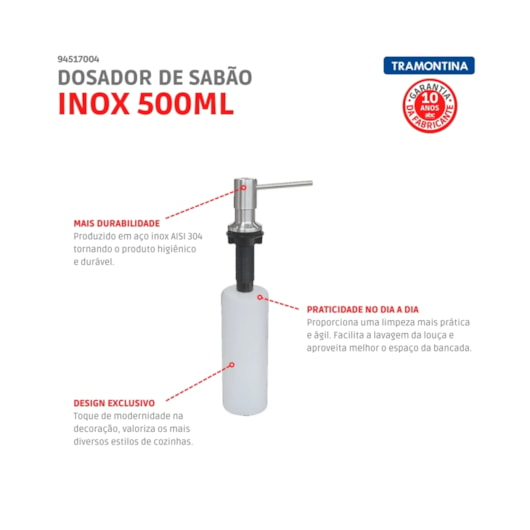 Dosador de Sabão Aço Inox Tramontina 500 ml - Imagem principal - 70b8ebbc-dc7d-48e4-9d60-2b341ff95b88