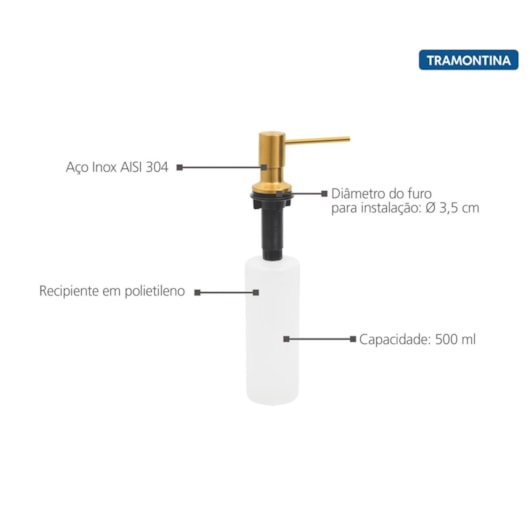 Dosador De Sabão Em Aço Inox Gold Com Recipiente Plástico 500Ml Revestimento Pvd Tramontina - Imagem principal - ac73bab1-e8fb-4c88-81b2-30e0e76a5d4c