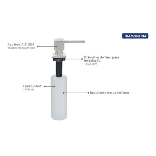 Dosador De Sabão Square Inox 304 Tramontina 500ml - Imagem principal - 80eb7b44-527c-4264-b581-fdb01ad4ecda