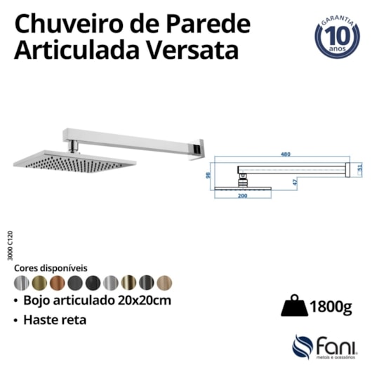 Ducha Articulada De Parede Versata 120 Cromado Fani - Imagem principal - 8511345f-c162-4ff4-a52d-6fcd2e4b0a9b