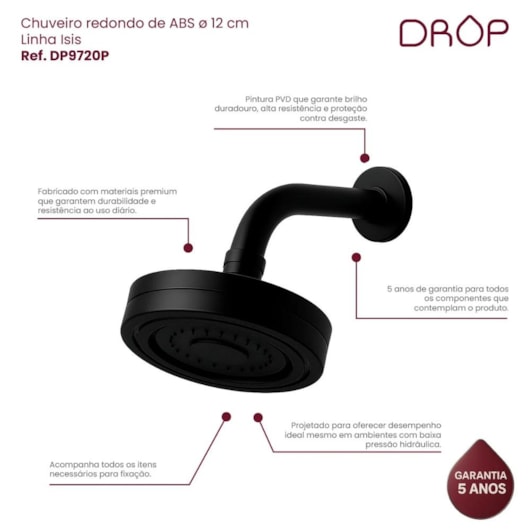 Ducha Com Braço De Parede Em Abs Black Matte Drop 12cm - Imagem principal - ba75481a-2e42-46f1-88f5-3fe874ad335b