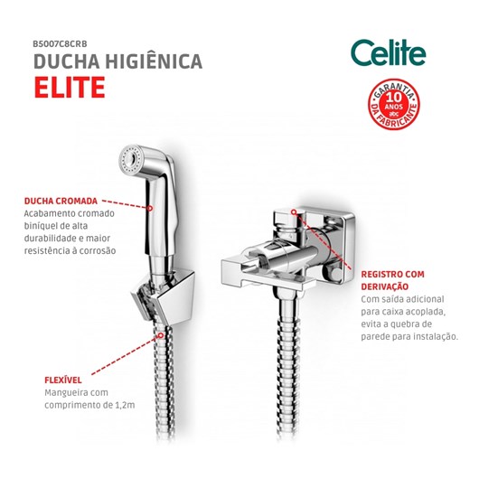 Ducha Higiênica Elite Com Derivação E Registro Cromada Celite - Imagem principal - 4e2f4142-3151-434e-bcaa-b5abf7a81b60
