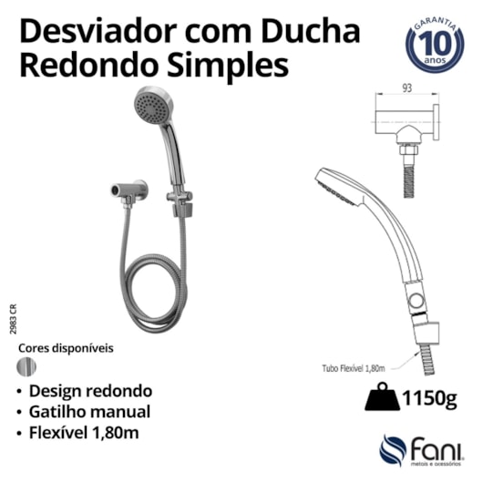 Ducha Manual Para Chuveiro Flexível com Desviador 2983 ABS CR 1,8m Fani - Imagem principal - a466b8e4-b91c-4689-926c-7154f35976bc