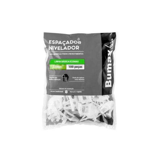 Espaçador Nivelador Basico Ecomax 2,0mm Pacote Com 100 Unidades Para Revestimentos Até 70x70cm Bumax - Imagem principal - 9f8ad579-5261-4982-84cd-b5381ce8ac0a