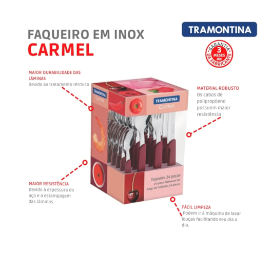 Faqueiro Em Inox Carmel Com 24 Peças Carmín Escuro Tramontina - Imagem principal - caeef34d-f25b-47bf-b1ac-e378889a44de