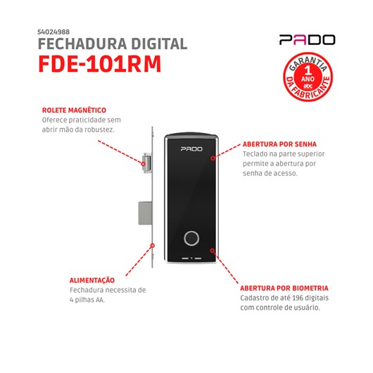 Fechadura Digital FDE101-RM Com Senha e Biometria De Embutir Rolete Magnético Preto Pado - Imagem principal - a2547e75-e519-4ee7-9188-af535bc59d15