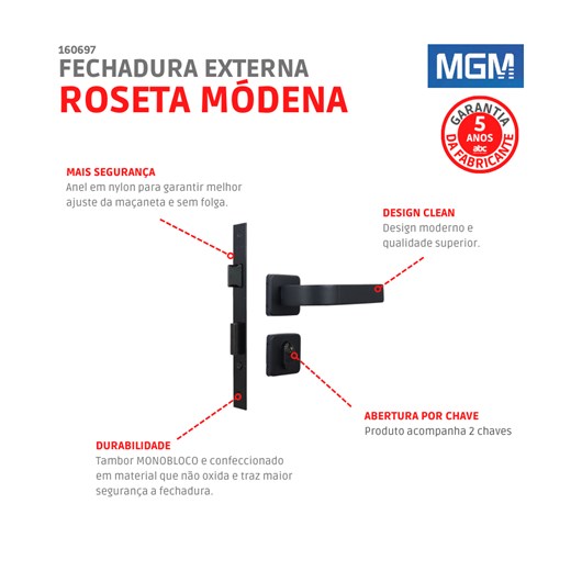 Fechadura Externa Roseta Módena Preto Fosco MGM 40mm  - Imagem principal - 871838bb-5973-44f6-a101-34f393bf377f