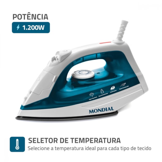 Ferro A Vapor F32 Branco E Azul Mondial 127V 1200W - Imagem principal - 32a1e36a-56fd-4c45-b5ae-e3d3be1a92a7