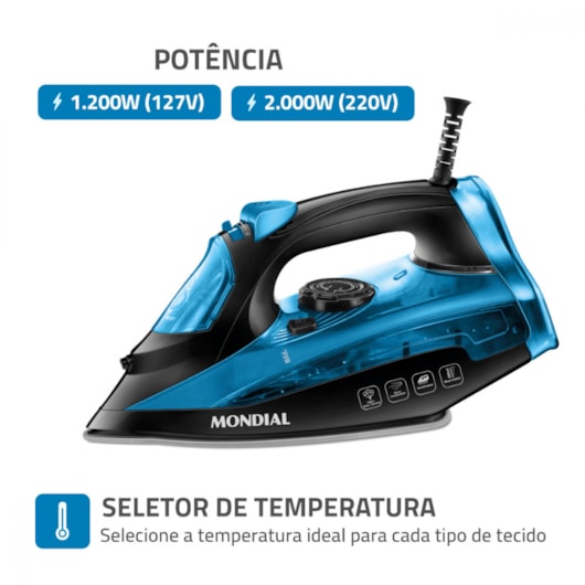 Ferro A Vapor F53 Preto E Azul Mondial 127V 1200W - Imagem principal - d0160202-770b-40ad-a953-565e0ae35404