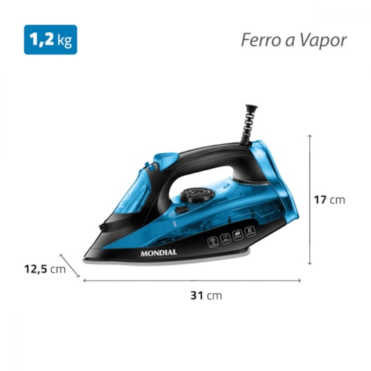 Ferro A Vapor F53 Preto E Azul Mondial 127V 1200W - Imagem principal - 83ee05ab-e063-4ce2-a58d-cf6384d4e315