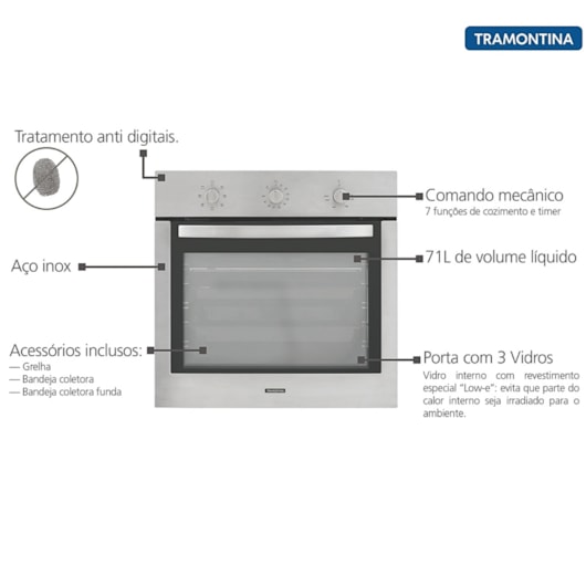 Forno Elétrico de Embutir New Inox Cook 7 Funções Tramontina 71L - Imagem principal - ad32f874-a242-4b27-8f77-5c3c7ea1eda0