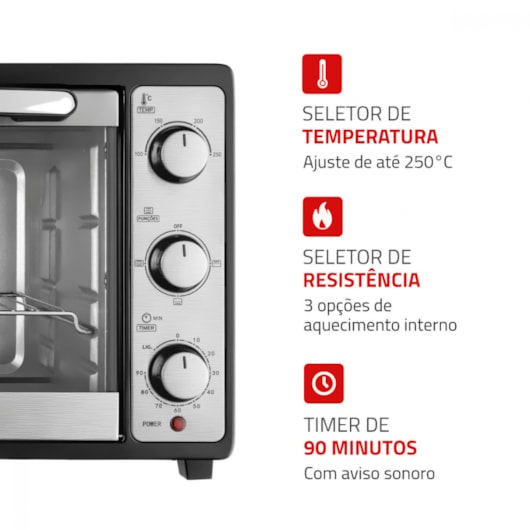 Forno Elétrico Grand Family Preto E Inox Mondial 52L 127V 1800W - Imagem principal - 48179f8a-affc-4699-9372-ad70f4dd9004